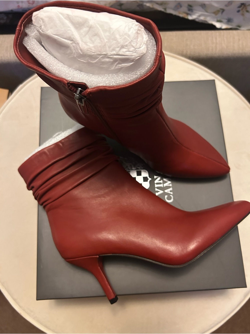 Vince Camuto Red Pointed-Toe Mid-Heel Ankle Boots